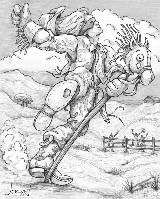"Professional Stick Pony Championship Rodeo; - Pencil Drawing - Copyright 2019, Jephyr (Jeff Curtis), All Rights Reserved